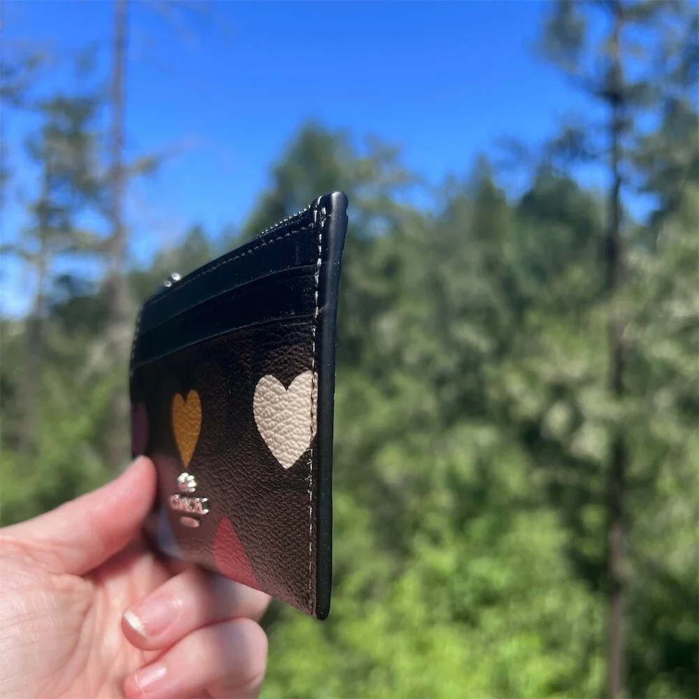COACH Mini Skinny ID Case Key Chain Wallet Brown Signature Heart Print NWT